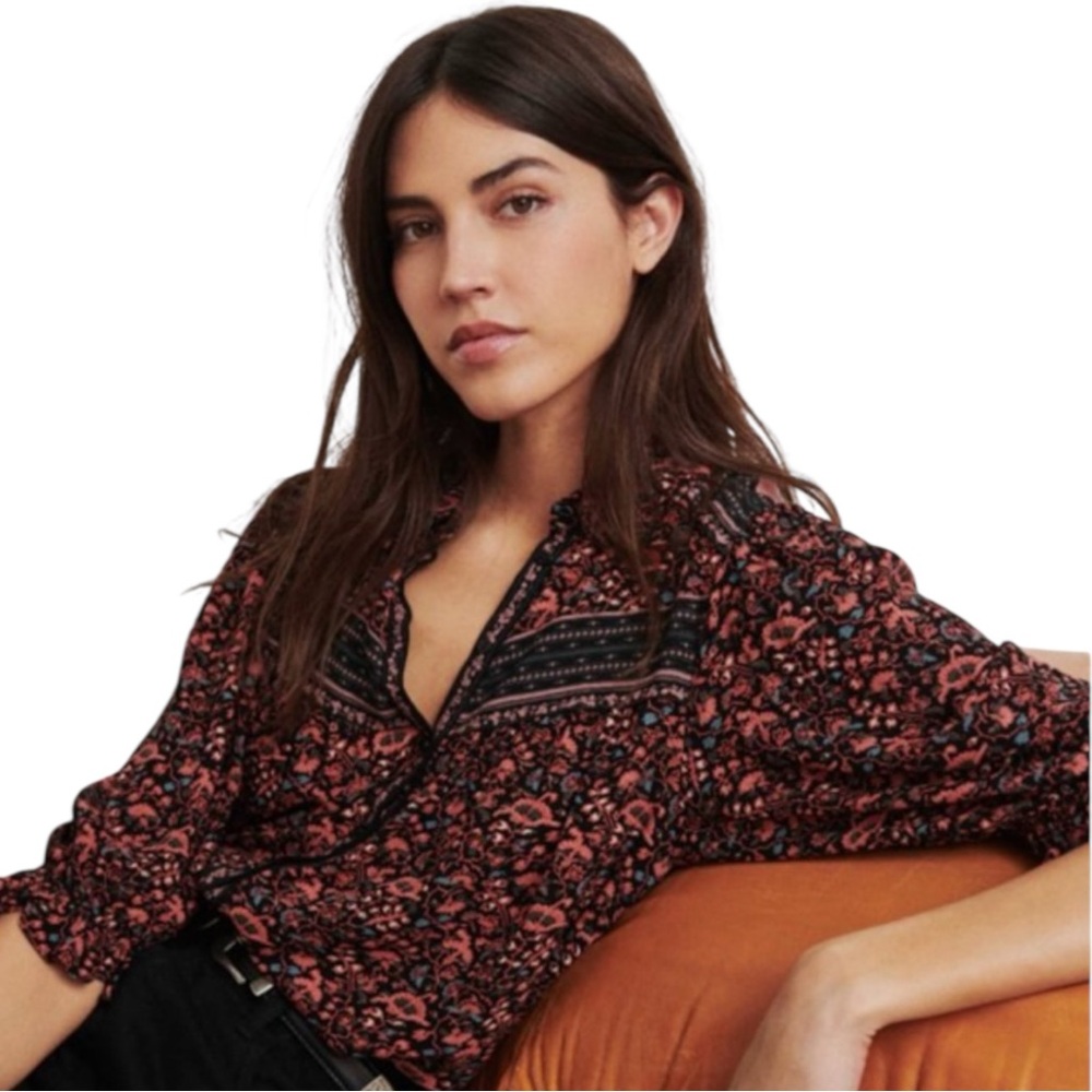 Ba&sh Mel Noir Floral Motif Deep V Top Shirt Blouse Smocked Sleeves Women’s XS